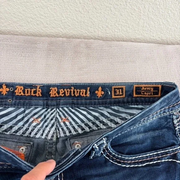 Rock Revival Avery Straight Jeans Western Rock Bling Embellished Women 31 Blue - Picture 3 of 12